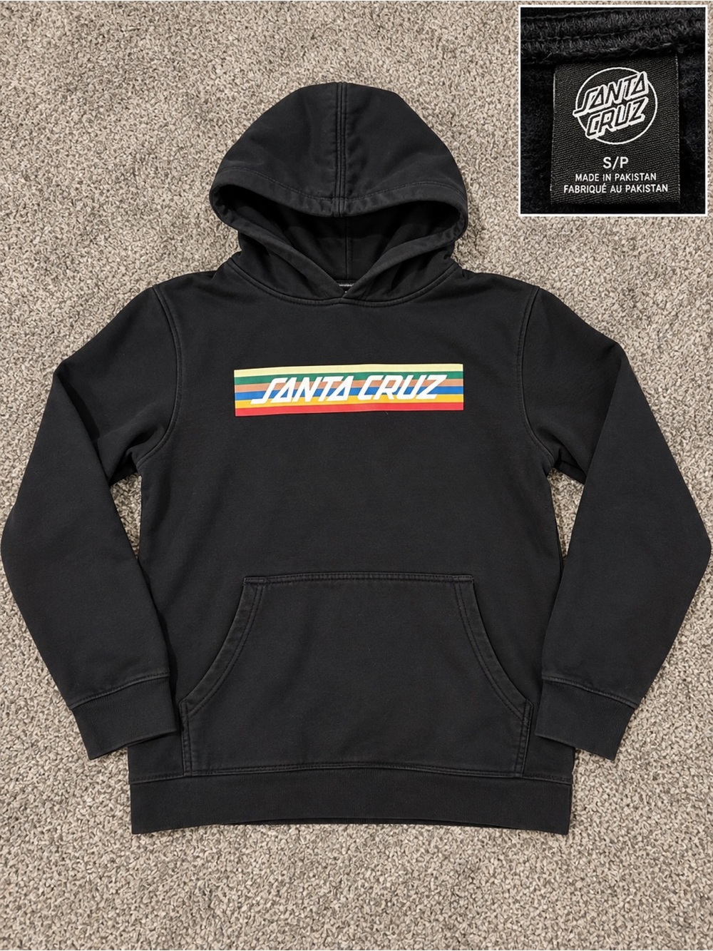 Santa Cruz Black Crewneck Hoodie with Rainbow Stripe Logo